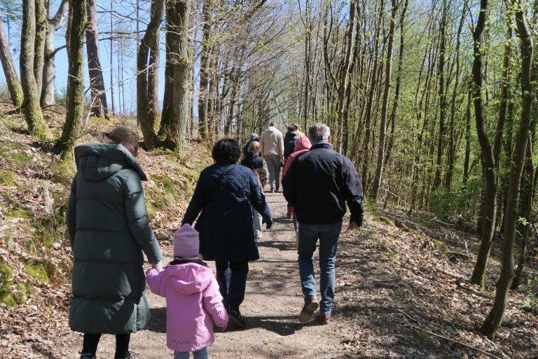 Erwachsene und Kindern auf einem Waldweg zur Lichtung.