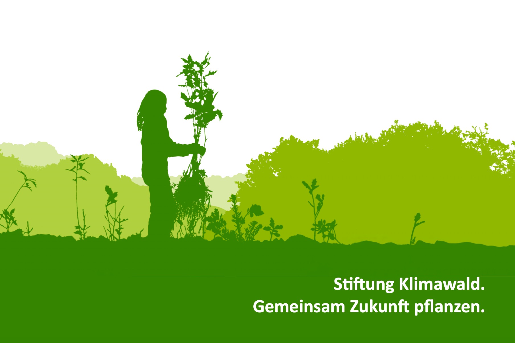Ein stilisiertes Bild in verschiedenen Grüntönen zeigt eine Frau auf einer neuangepflanzten Fläche, die ein Bündel junger Eichen vor sich in den ausgestreckten Händen trägt.