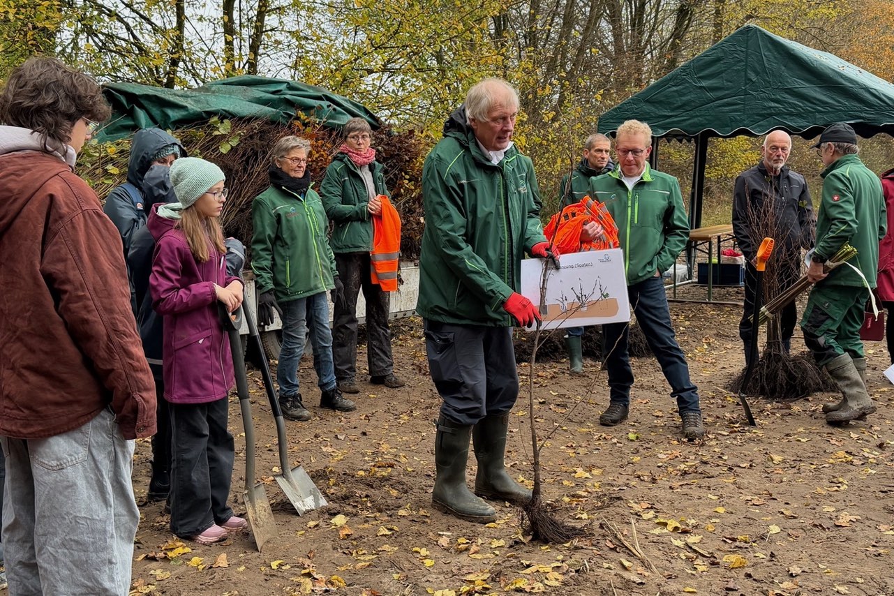 Eine Gruppe an Kindern und Erwachsenen stehen um Franz Isfort herum, der mit einem Setzling in der Hand den Pflanzvorgang erläutert.